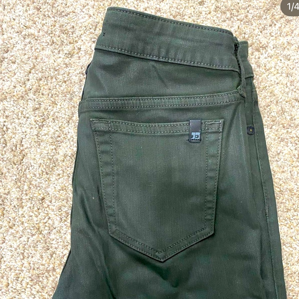Joe’s Jeans high-rise coated skinny jeans in dark green. Size 27. $60.